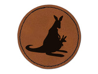 Mother Kangaroo with Baby Joey in Pouch Silhouette Round Iron-On Engraved Faux Leather Patch Applique - 2.5"