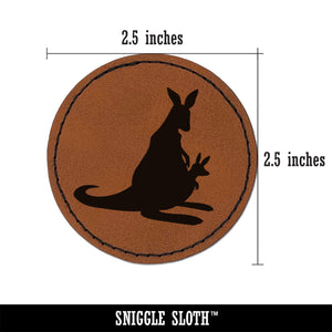 Mother Kangaroo with Baby Joey in Pouch Silhouette Round Iron-On Engraved Faux Leather Patch Applique - 2.5"