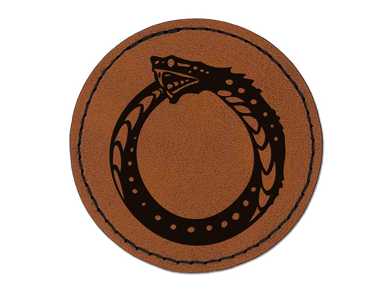 Ouroboros Serpent Snake Eating Tail Ring Circle Round Iron-On Engraved Faux Leather Patch Applique - 2.5"