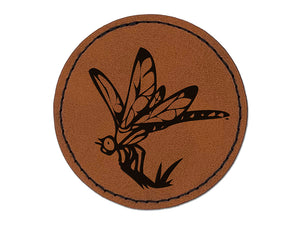 Perched Dragonfly Dasher Darner Insect Round Iron-On Engraved Faux Leather Patch Applique - 2.5"