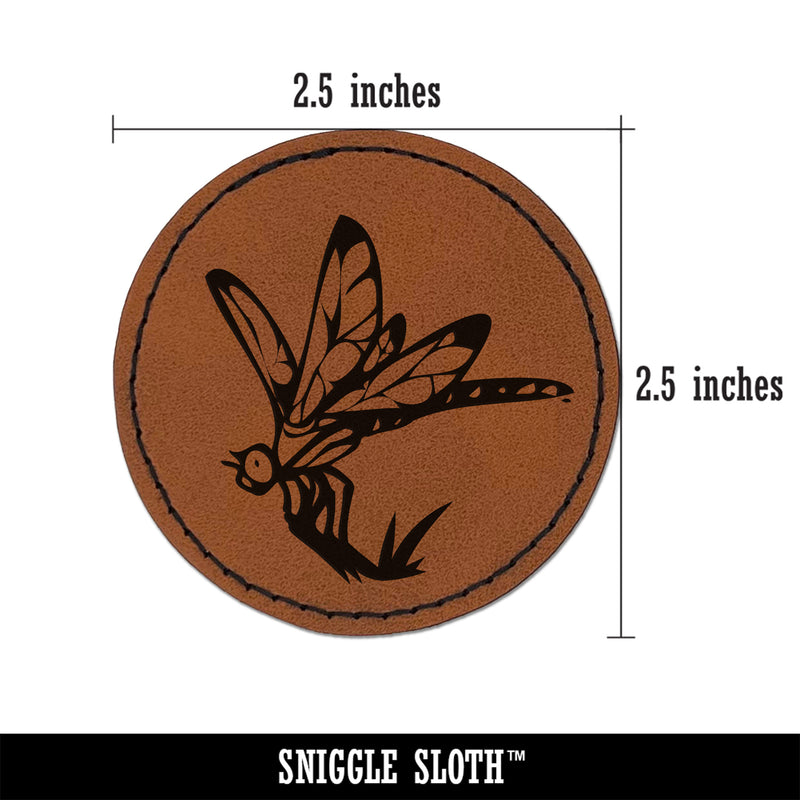 Perched Dragonfly Dasher Darner Insect Round Iron-On Engraved Faux Leather Patch Applique - 2.5"