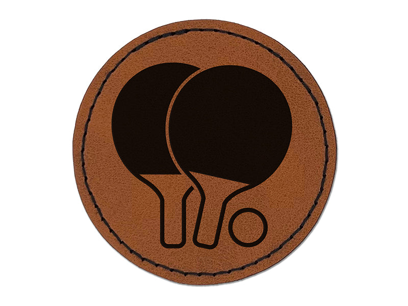 Ping Pong Table Tennis Paddles and Ball Round Iron-On Engraved Faux Leather Patch Applique - 2.5"