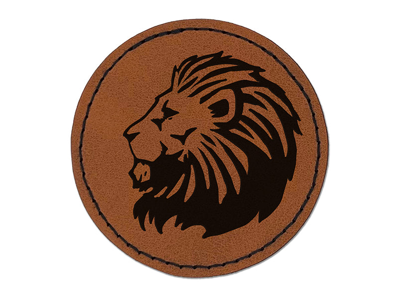 Regal Maned Lion Head Side Profile Round Iron-On Engraved Faux Leather Patch Applique - 2.5"
