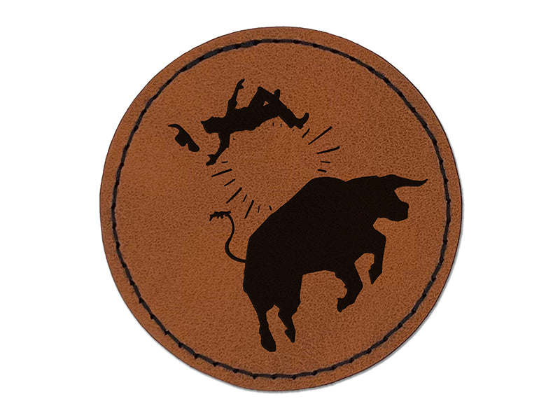 Rodeo Bull Bucking Throwing Cowboy Round Iron-On Engraved Faux Leather Patch Applique - 2.5"