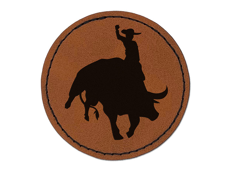 Rodeo Cowboy Riding on Bucking Bull Round Iron-On Engraved Faux Leather Patch Applique - 2.5"