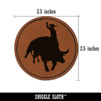 Rodeo Cowboy Riding on Bucking Bull Round Iron-On Engraved Faux Leather Patch Applique - 2.5"