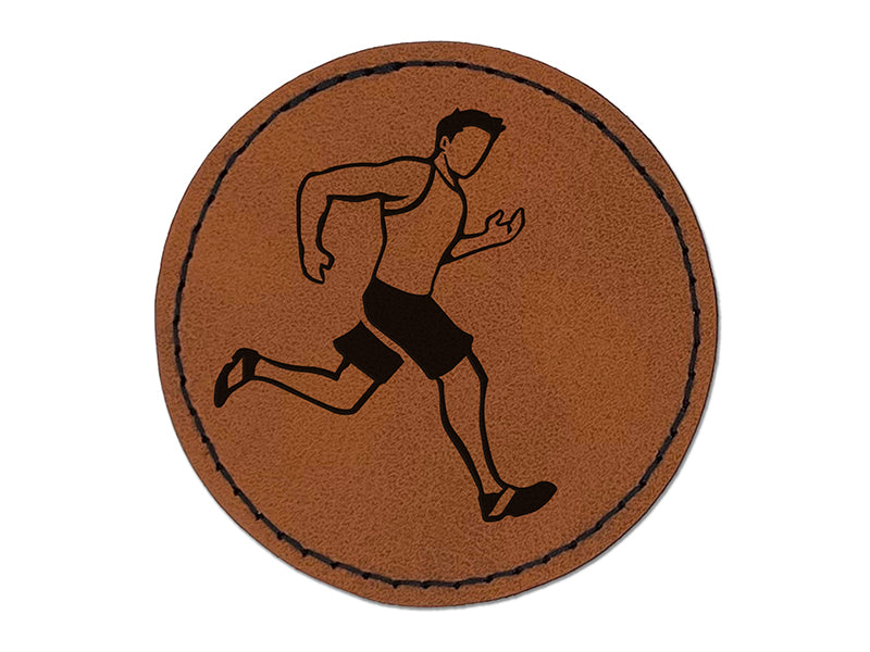 Running Man Fitness Exercise Marathon Workout Jogging Round Iron-On Engraved Faux Leather Patch Applique - 2.5"
