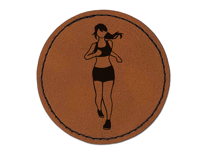 Running Woman Fitness Exercise Marathon Workout Jogging Round Iron-On Engraved Faux Leather Patch Applique - 2.5"