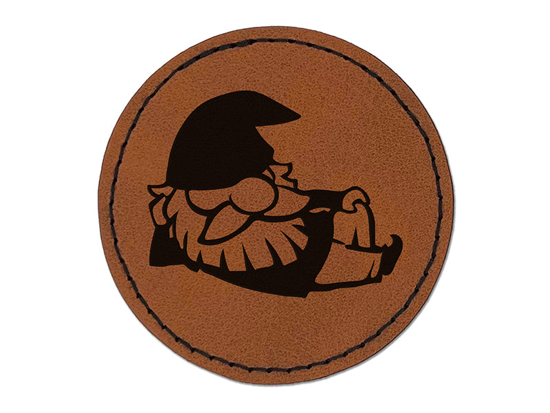 Sexy Lounging Garden Gnome Round Iron-On Engraved Faux Leather Patch Applique - 2.5"