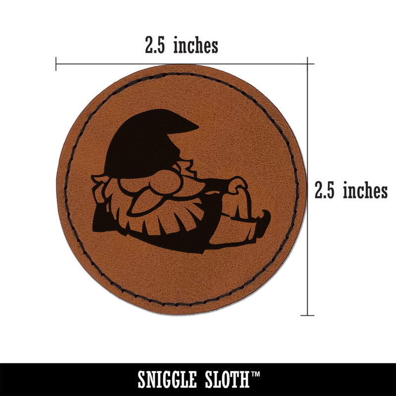 Sexy Lounging Garden Gnome Round Iron-On Engraved Faux Leather Patch Applique - 2.5"