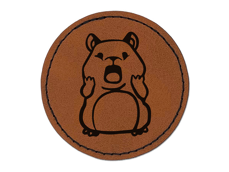 Shocked Scared Cute Hamster Rodent Gasp Round Iron-On Engraved Faux Leather Patch Applique - 2.5"