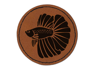 Siamese Fighting Fish Betta Splendens with Large Fins Round Iron-On Engraved Faux Leather Patch Applique - 2.5"