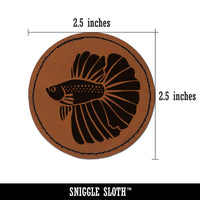 Siamese Fighting Fish Betta Splendens with Large Fins Round Iron-On Engraved Faux Leather Patch Applique - 2.5"