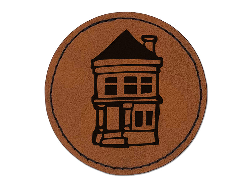 Small Cute Two Story House Home Round Iron-On Engraved Faux Leather Patch Applique - 2.5"