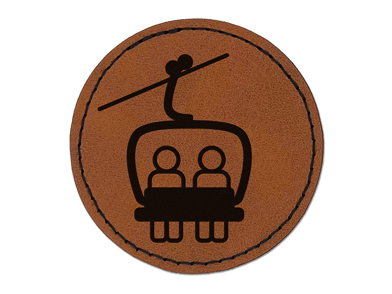 Snowboard Ski Lift Resort Chairlift Round Iron-On Engraved Faux Leather Patch Applique - 2.5"