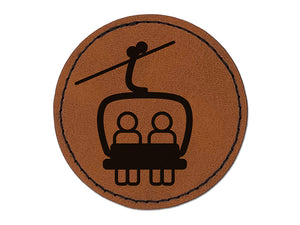 Snowboard Ski Lift Resort Chairlift Round Iron-On Engraved Faux Leather Patch Applique - 2.5"