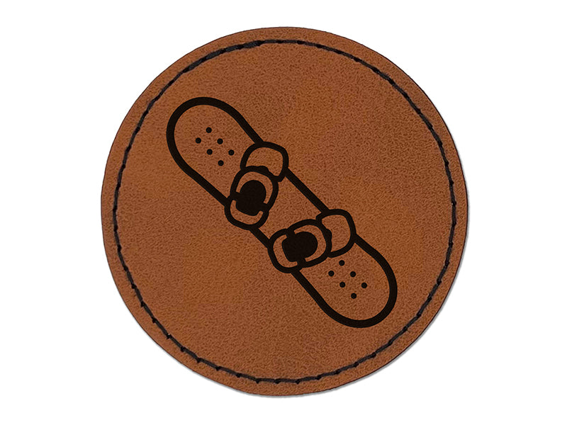 Snowboard with Boot Bindings Extreme Winter Sports Round Iron-On Engraved Faux Leather Patch Applique - 2.5"