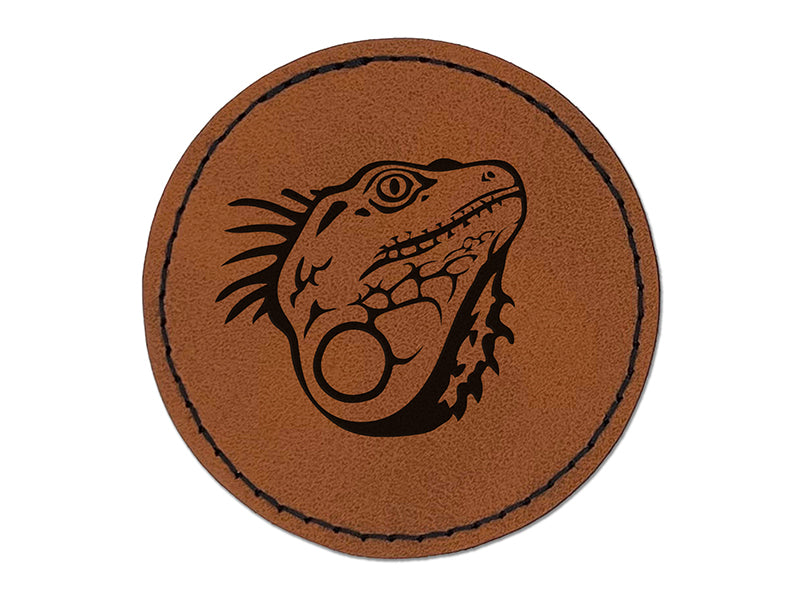 Spiny Green Iguana Lizard Head Round Iron-On Engraved Faux Leather Patch Applique - 2.5"