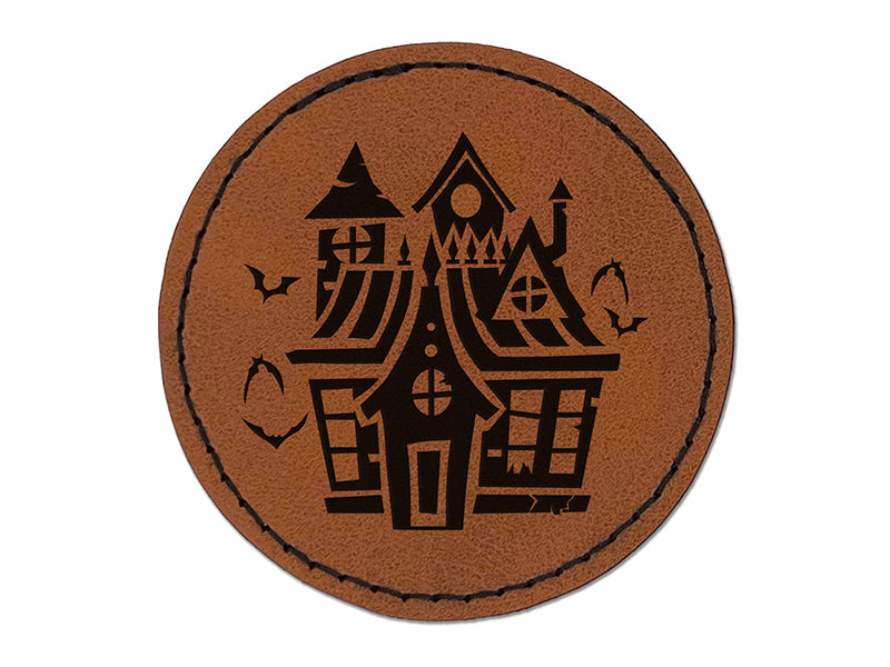 Spooky Scary Haunted House Mansion with Bats Broken Windows Round Iron-On Engraved Faux Leather Patch Applique - 2.5"
