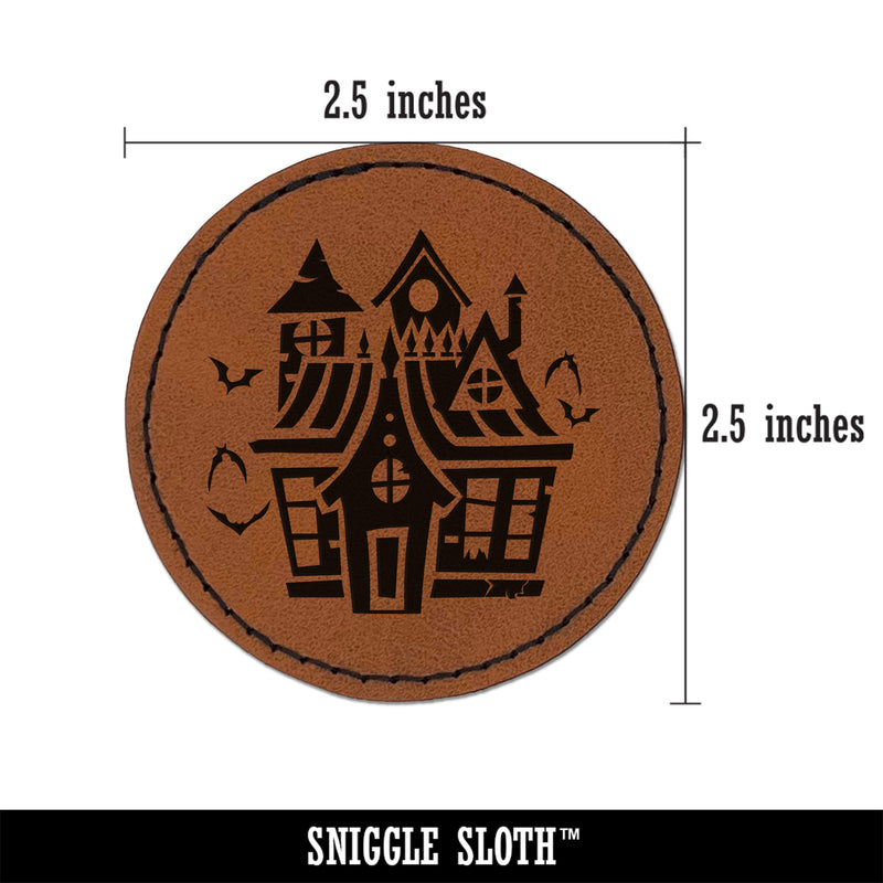 Spooky Scary Haunted House Mansion with Bats Broken Windows Round Iron-On Engraved Faux Leather Patch Applique - 2.5"