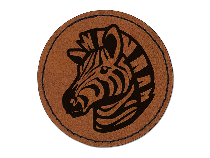 Striped Zebra Head Round Iron-On Engraved Faux Leather Patch Applique - 2.5"