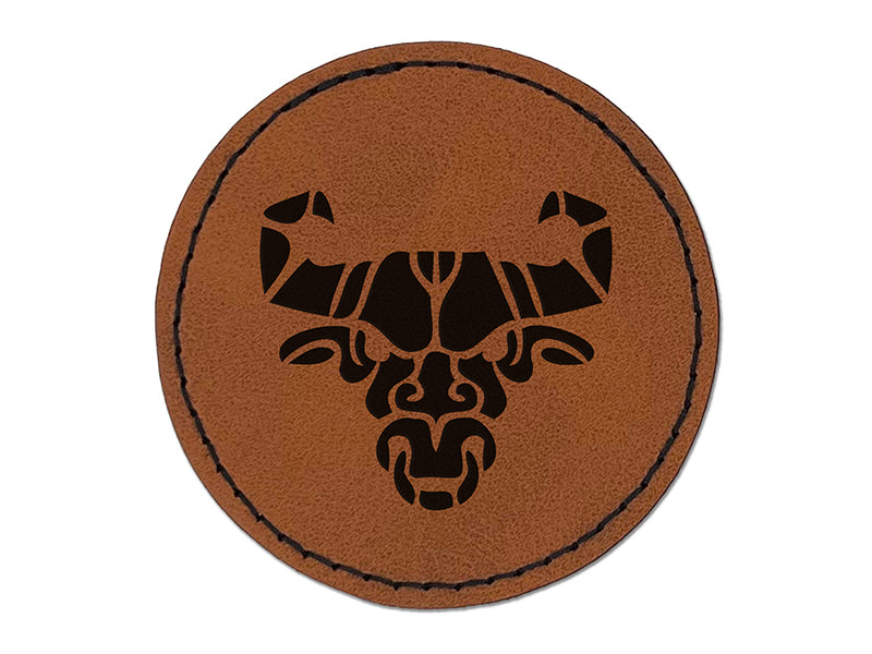 Stylized Tribal Bull Head with Nose Ring Round Iron-On Engraved Faux Leather Patch Applique - 2.5"