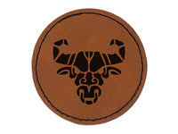 Stylized Tribal Bull Head with Nose Ring Round Iron-On Engraved Faux Leather Patch Applique - 2.5"