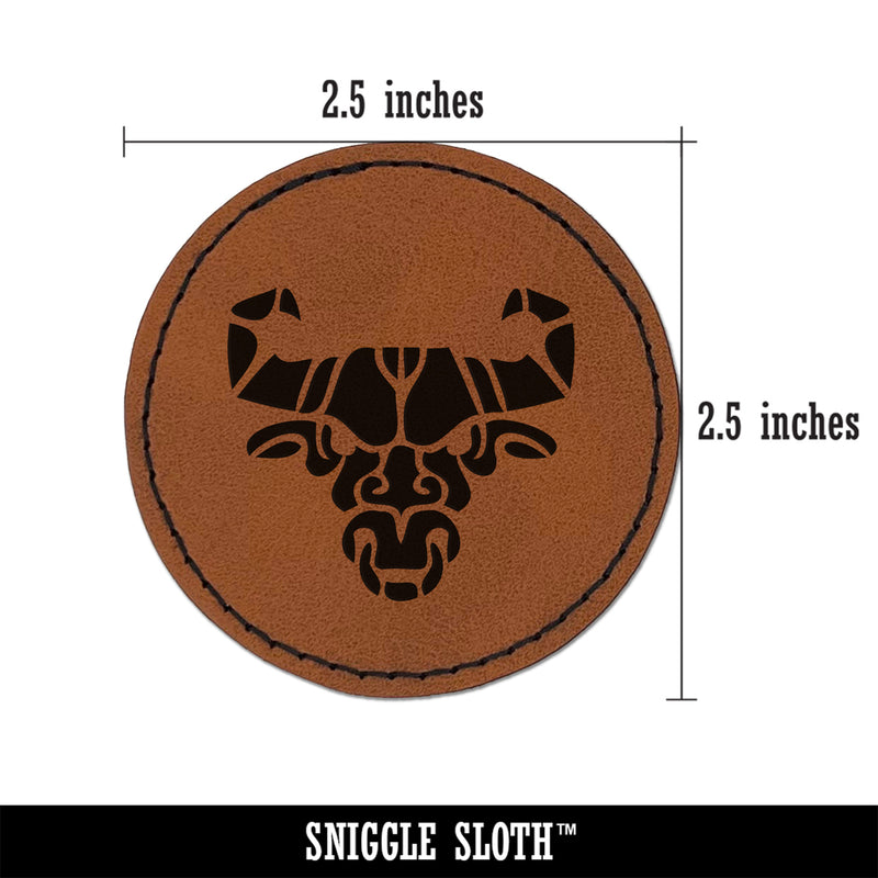 Stylized Tribal Bull Head with Nose Ring Round Iron-On Engraved Faux Leather Patch Applique - 2.5"