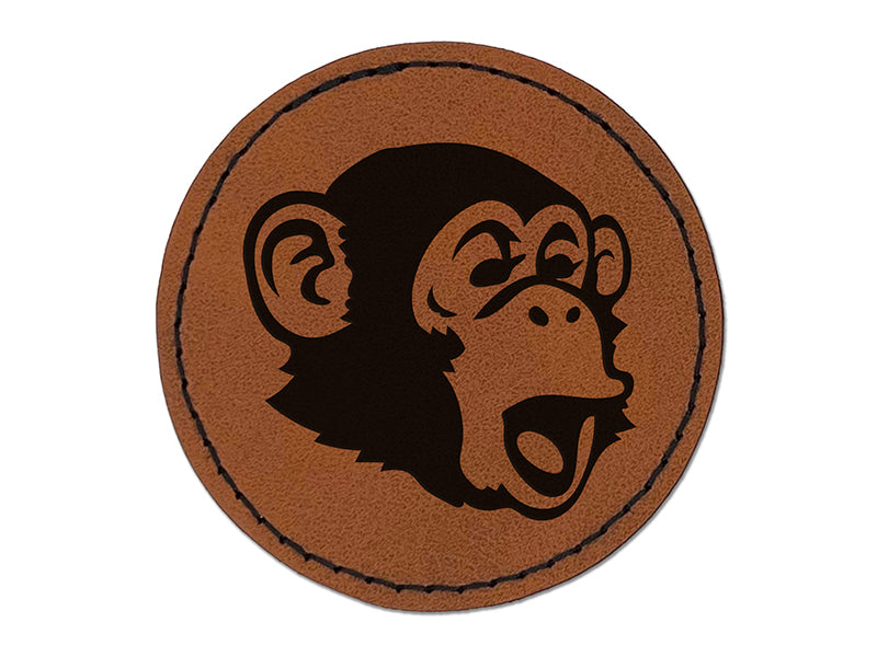 Surprised Chimpanzee Ape Head Monkey Round Iron-On Engraved Faux Leather Patch Applique - 2.5"