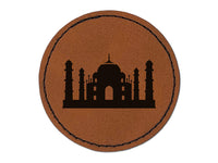 Taj Mahal Agra India Landmark Silhouette Round Iron-On Engraved Faux Leather Patch Applique - 2.5"