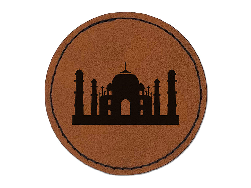 Taj Mahal Agra India Landmark Silhouette Round Iron-On Engraved Faux Leather Patch Applique - 2.5"