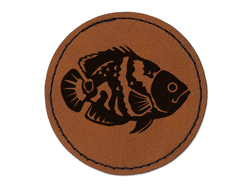 Tiger Oscar Cichlid Fish Round Iron-On Engraved Faux Leather Patch Applique - 2.5"