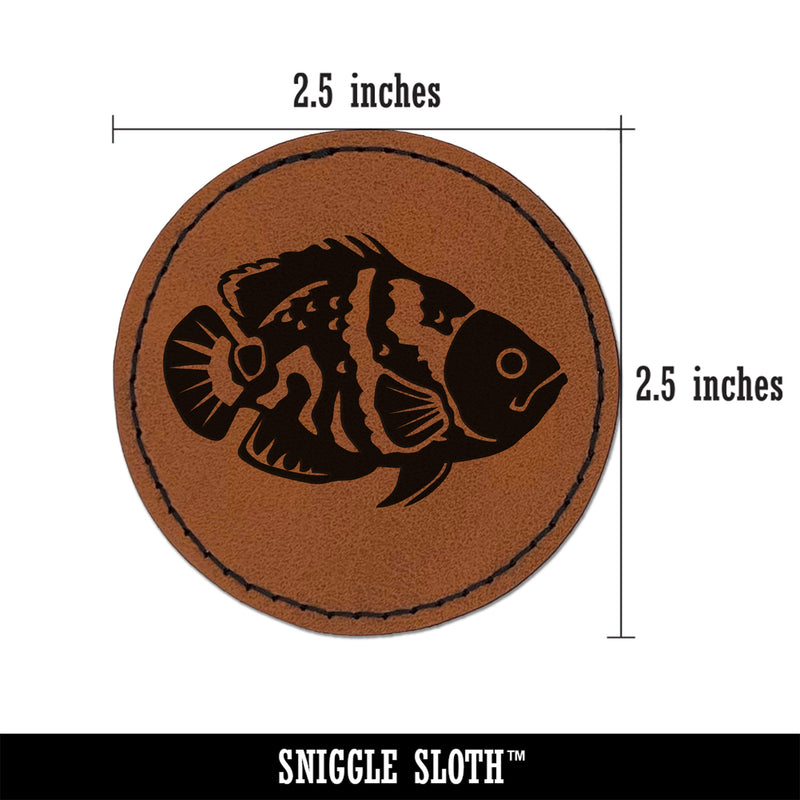 Tiger Oscar Cichlid Fish Round Iron-On Engraved Faux Leather Patch Applique - 2.5"