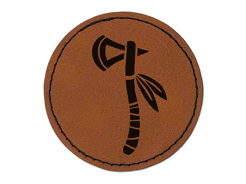 Tomahawk Native American Axe Tool Weapon Round Iron-On Engraved Faux Leather Patch Applique - 2.5"