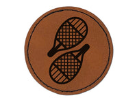 Traditional Teardrop Snowshoes Icon Round Iron-On Engraved Faux Leather Patch Applique - 2.5"