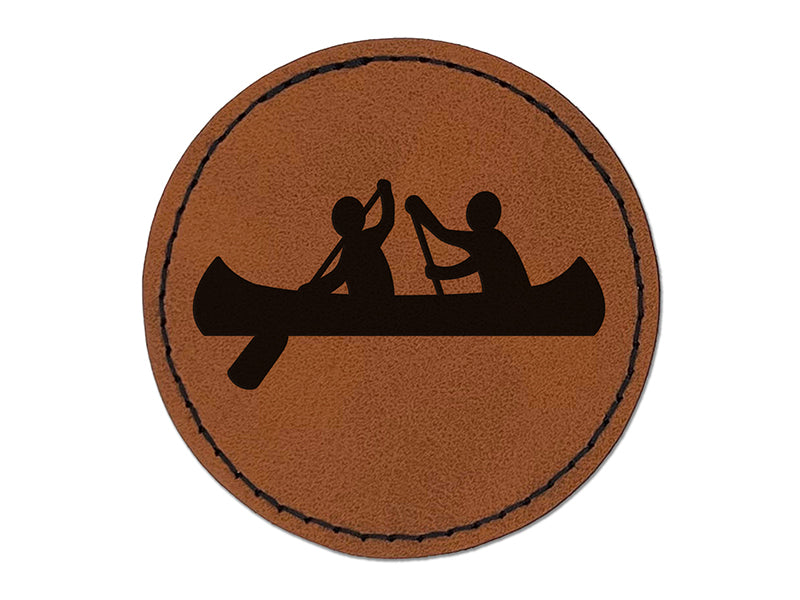 Two Person Canoe Team Water Boat with Paddle Round Iron-On Engraved Faux Leather Patch Applique - 2.5"