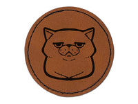 Unamused and Unhappy Cat Loaf Round Iron-On Engraved Faux Leather Patch Applique - 2.5"