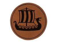 Viking Dragon Longship with Striped Sail Round Iron-On Engraved Faux Leather Patch Applique - 2.5"