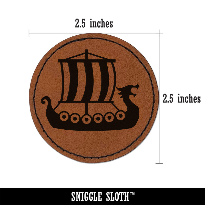 Viking Dragon Longship with Striped Sail Round Iron-On Engraved Faux Leather Patch Applique - 2.5"