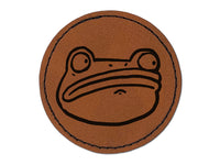 Wary and Suspicious Frog Toad Head Round Iron-On Engraved Faux Leather Patch Applique - 2.5"