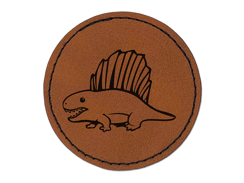 Wary Dimetrodon Dinosaur with Dorsal Sail Fin Round Iron-On Engraved Faux Leather Patch Applique - 2.5"