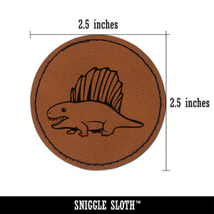 Wary Dimetrodon Dinosaur with Dorsal Sail Fin Round Iron-On Engraved Faux Leather Patch Applique - 2.5"