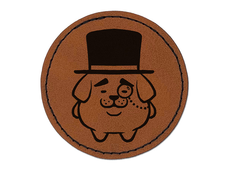 Weird Fancy Gentleman Dog Pup Top Hat Monocle Round Iron-On Engraved Faux Leather Patch Applique - 2.5"