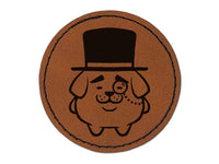 Weird Fancy Gentleman Dog Pup Top Hat Monocle Round Iron-On Engraved Faux Leather Patch Applique - 2.5"