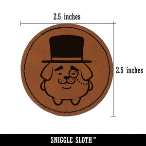 Weird Fancy Gentleman Dog Pup Top Hat Monocle Round Iron-On Engraved Faux Leather Patch Applique - 2.5"