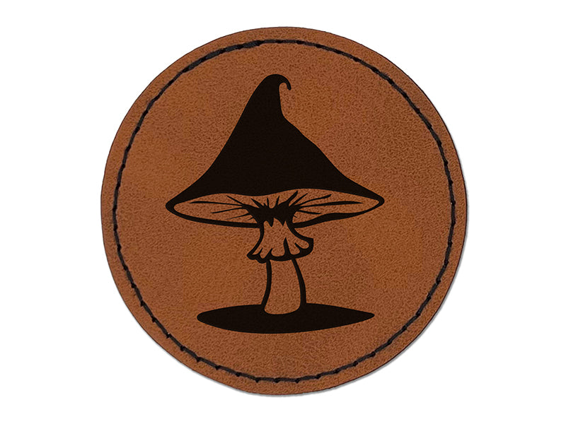 Whimsical Magical Wizard Cap Mushroom Fungi Round Iron-On Engraved Faux Leather Patch Applique - 2.5"