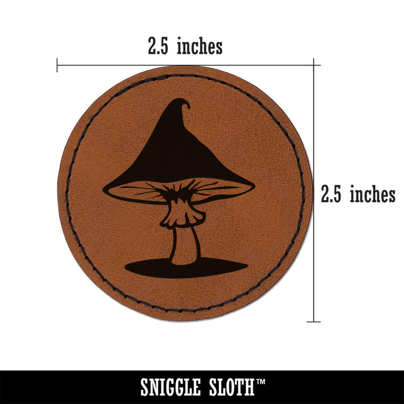 Whimsical Magical Wizard Cap Mushroom Fungi Round Iron-On Engraved Faux Leather Patch Applique - 2.5"