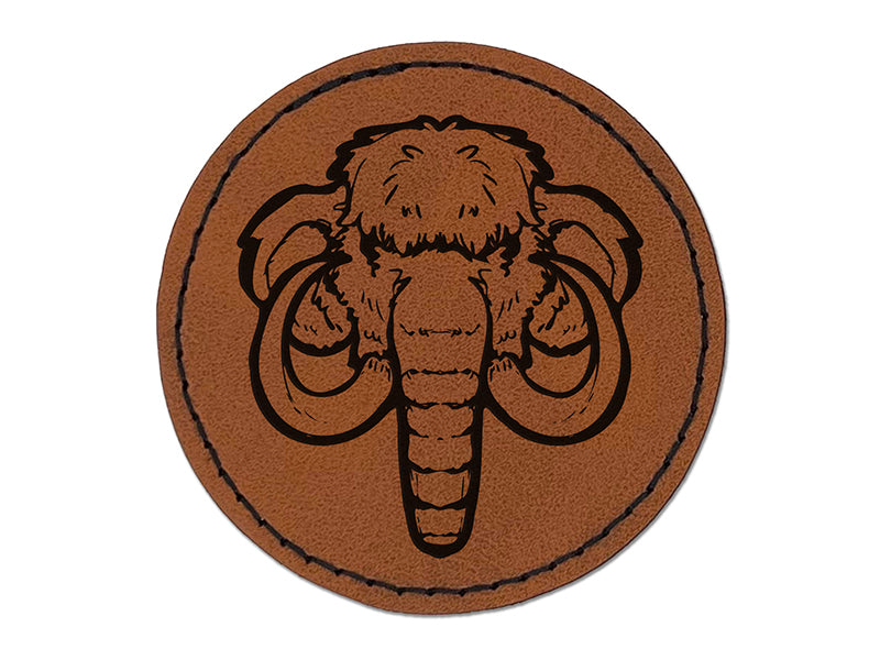 Wooly Mammoth Head Round Iron-On Engraved Faux Leather Patch Applique - 2.5"