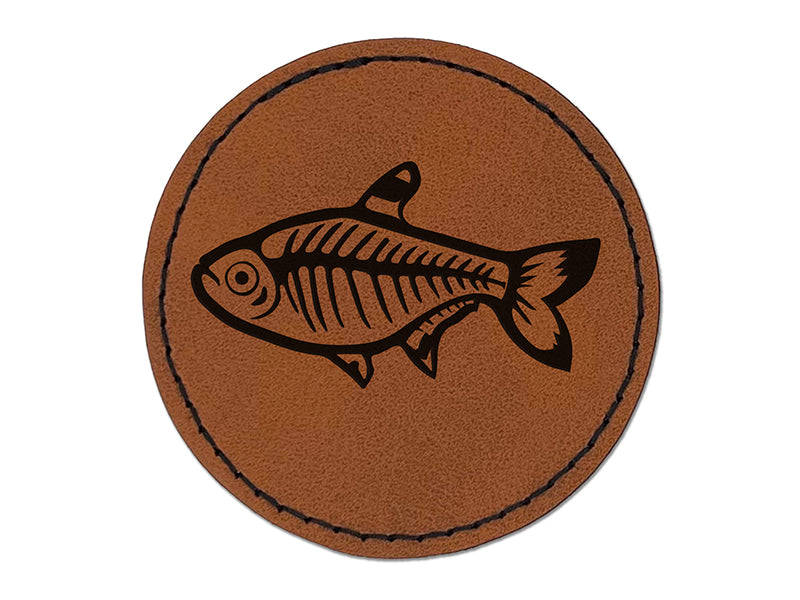 X-Ray Tetra Skeleton Fish Round Iron-On Engraved Faux Leather Patch Applique - 2.5"
