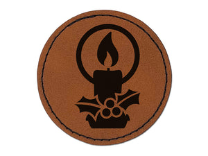 Christmas Candle Round Iron-On Engraved Faux Leather Patch Applique - 2.5"